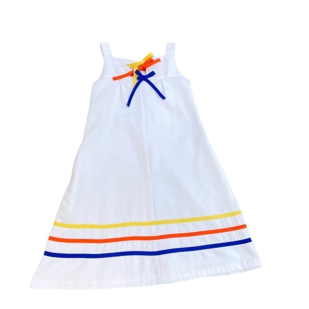 Vintage White A-Line Sundress with Yellow Orange Blue Bows